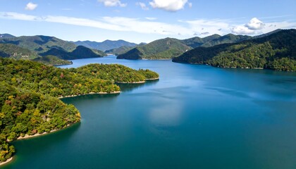 Fototapeta premium Panoramic view of a serene lake nestled amidst forested mountains