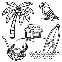 Tropical beach vacation elements including a palm tree hut surfboard parrot and crab cocktail in outline style