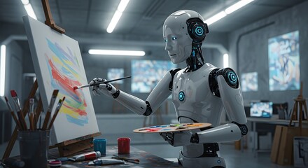 AI Artist at Work: A sleek, advanced AI figure creates a vibrant painting with a paintbrush and palette in a futuristic art studio, seamlessly blending technology and creativity.