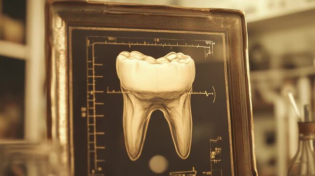 Molar tooth anatomy displayed on vintage medical chart in dentist office