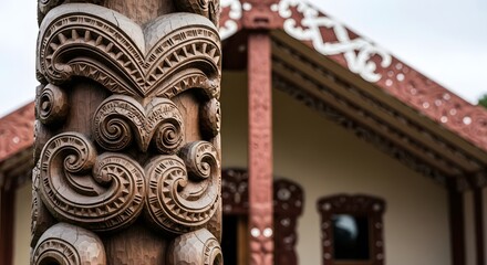 Cultural Carvings: Exquisite carvings showcase intricate details and patterns, in the backdrop of the house, celebrating the Maori heritage and artistic traditions.