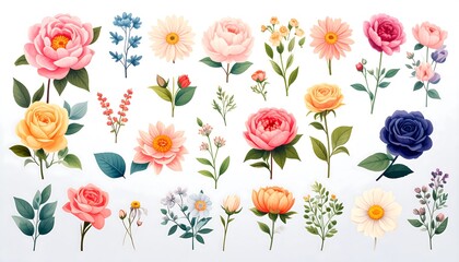 A collection of vibrant floral illustrations showcasing various blossoms and greenery in pastel and bold colors against a white background.