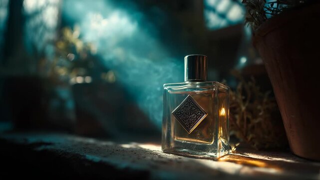 A glass perfume bottle with an ornate square label stands on a wooden surface, illuminated by warm light, surrounded by plants and faint swirls of smoke in a moody atmosphere.