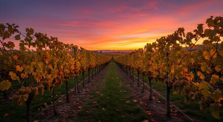 Naklejka premium Golden vineyard rows glow under dramatic sunset. Landscape photography for wine industry branding, travel posters.