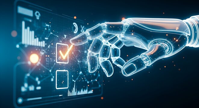 Robotic Process Automation (RPA) concept. A holographic robot hand performs a repetitive task on a digital interface, such as checking boxes at high speed. - Powered by Adobe