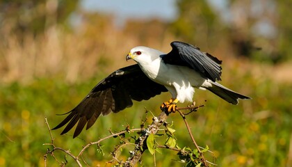 White-tailed Kite in flight, perched on branch
