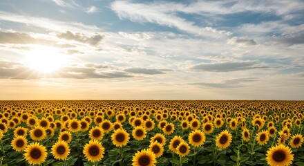 Fototapeta premium Yellow sunflower field glows under golden sunset light, perfect for nature branding, landscapes, and travel posters.