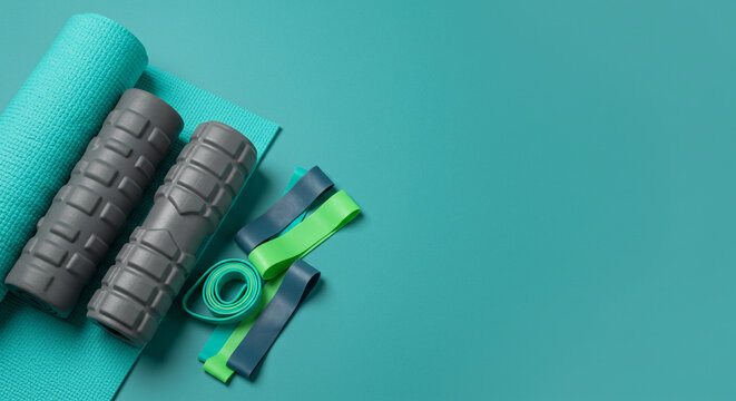 Fitness essentials: yoga mat, foam rollers, and resistance bands ready for a workout session