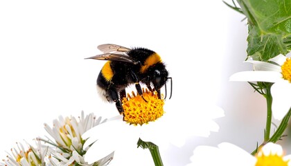 A bee covered in yellow and black stripes collects pollen from a white daisy flower