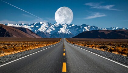 A vast, paved highway stretches into a landscape of mountains under a luminous full moon.
