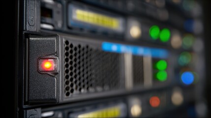 Detailed medium shot showing a hotswap drive slot with a flashing LED indicator in sharp focus RAID controller panel and logs out of focus in the background.