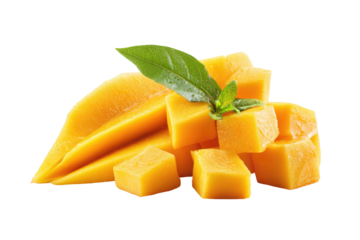 Close-up of diced mango pieces. Fresh, vibrant yellow cubes of mango fruit with a few leaves