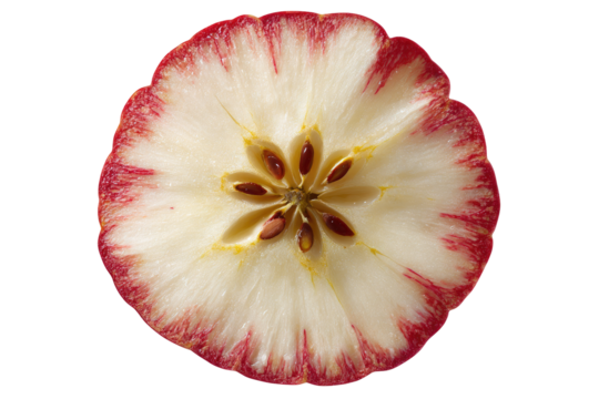 A cross-section of a red and white apple, displaying the core and seeds