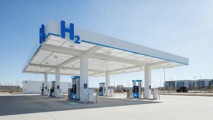 Hydrogen Fueling Station: A modern hydrogen fueling station against a clear blue sky, showcasing an innovative approach to sustainable transportation and clean energy. - Powered by Adobe