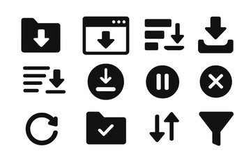 Solid Download Icons. Solid style icons of download folders and interfaces: downloads folder icon, download manager, file queue