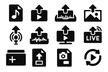 Media Upload Icons. Solid style icons of media uploads: music file upload, video clip arrow up, movie file tray, image gallery
