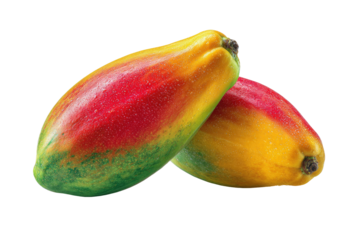 Two vibrant papayas, overlapping, show a gradient of red, yellow, and green skin