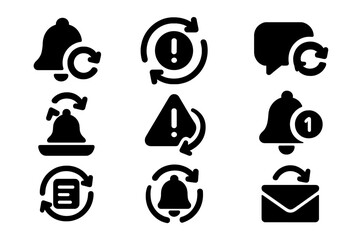 Notification Icons Set. Solid style icons of notification and feed refresh: bell with loop icon, alert sync, real-time message