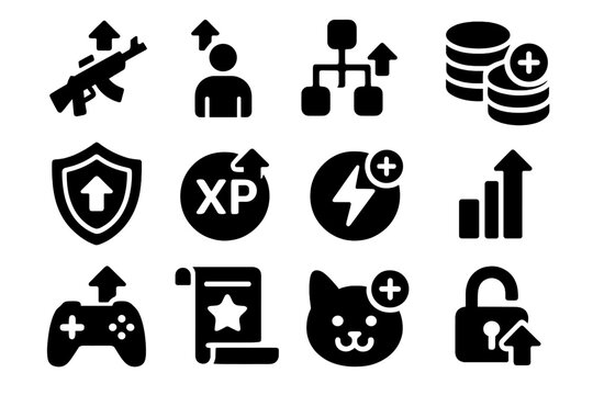 Gaming Upgrade Icons. Solid style icons of gaming upgrades: weapon upgrade icon, character level-up, skill tree enhancement,