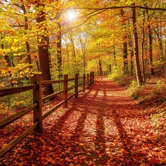Autumnal path winding through a forest with vibrant foliage, bathed in warm sunlight, the ground carpeted with colorful fallen leaves, bordered by a rustic wooden fence on one side