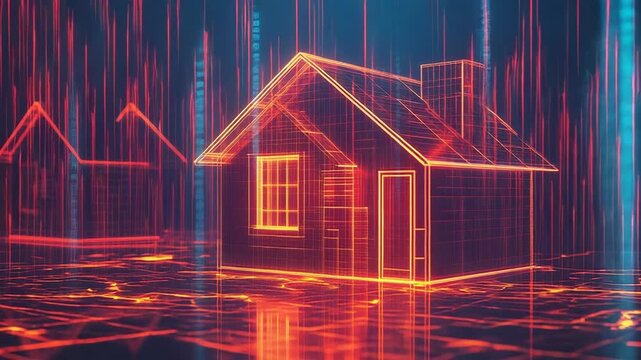 Glowing wireframe houses emerging from digital landscape representing real estate market trends