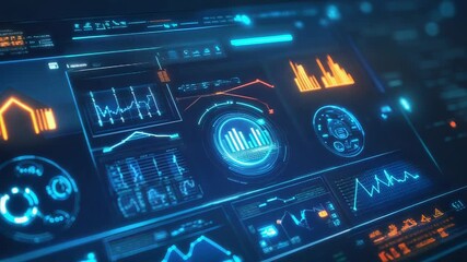 Futuristic interface displaying real estate market data analysis with graphs and charts - Powered by Adobe