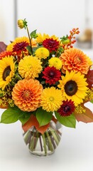 Obraz premium Vibrant floral arrangement featuring sunflowers, dahlias, and chrysanthemums in orange, yellow, and red hues, perfect for autumn decor or a cheerful greeting card