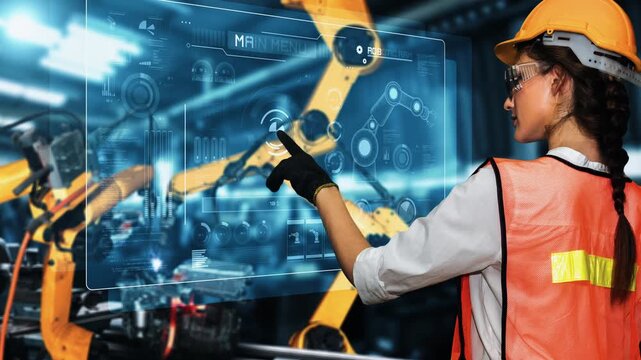 Engineer use cybernated robotic software to control industry robot arm in factory . Automation manufacturing process controlled by specialist using IOT software connected to internet network .