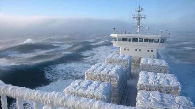 A dry cargo vessel navigates icy waters with saltpeter securely stored, as fog envelops its frosted railings.