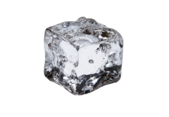 Close-up of a clear ice cube.  Small, square, glassy,  and slightly translucent.  Water droplets cling to its surface