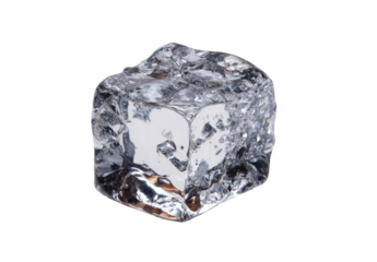 Close-up of a clear ice cube.  Irregular facets, water droplets