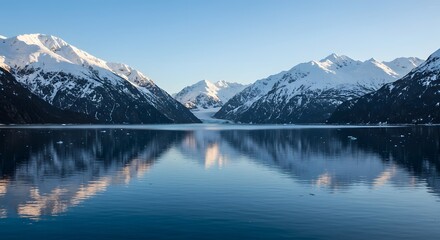 Snow-covered mountains reflected on tranquil waters under a clear blue sky, showcasing natural beauty.