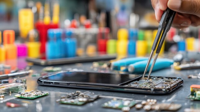 Medium shot of a technician repairing a mobile phone at a cluttered repair counter with blurred tools and parts in the background for a tech service setting.