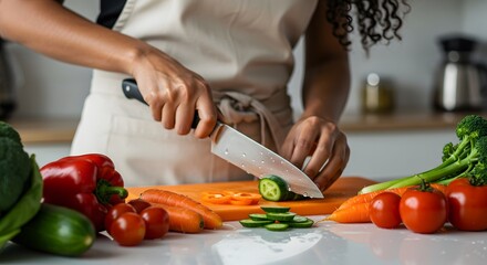 A person prepares a vegetable dish, chopping a cucumber on a board surrounded by fresh ingredients.