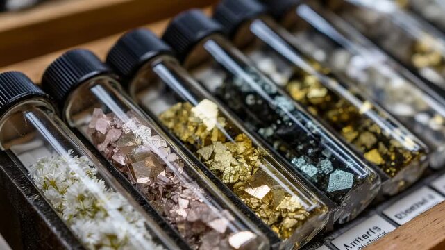 Rare earth element samples, from cerium to yttrium, showcased in polished crystal vials with scientific labels under bright white light.