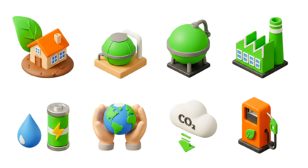 3d clay style icon set of an assortment of green energy and environmental symbols, isolated on a transparent background