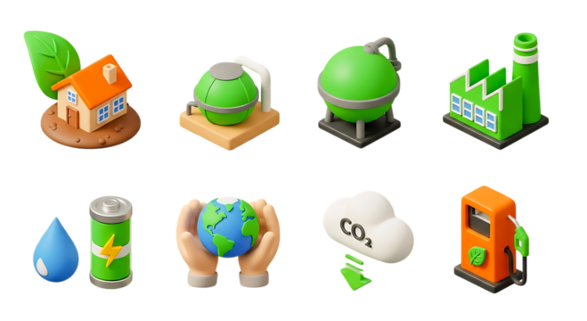 3d clay style icon set of an assortment of green energy and environmental symbols, isolated on a transparent background