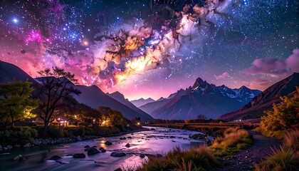 Naklejka premium Night sky over a valley with mountains