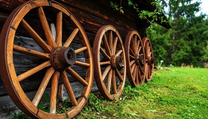 Obraz premium Antique wagon wheels against rustic wooden wall