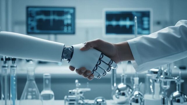 Human and Robot Collaboration: A scientist and a robot shake hands in a state-of-the-art laboratory, signifying the dawn of innovation and collaborative progress in science and technology.