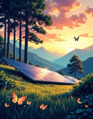 Scenic nature facility area with solar panels and butterflies at sunset