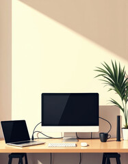 Modern office equipment organized on a sleek desk with plants