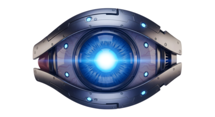 Futuristic robotic eye isolated on transparent background, a hightech surveillance device with a glowing blue iris, set against a clean, minimalist backdrop, showcasing advanced technology
