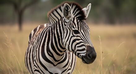 Close-up of a zebra showcasing its distinct black and white striped pattern in a natural outdoor setting.
