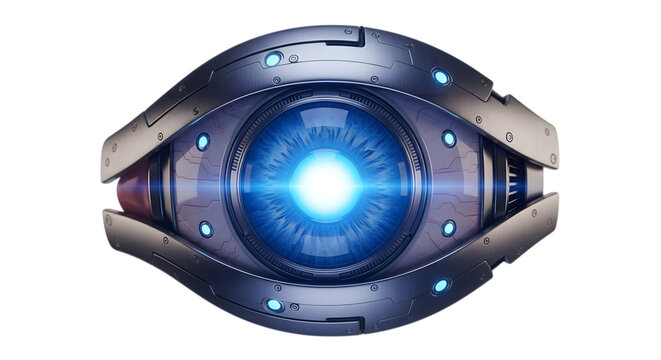 Futuristic robotic eye isolated on transparent background, a hightech surveillance device with a glowing blue iris, set against a clean, minimalist backdrop, showcasing advanced technology