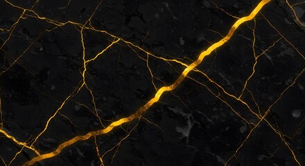Cracked black stone with golden fissures, symbolizing resilience and beauty in imperfection and aging.