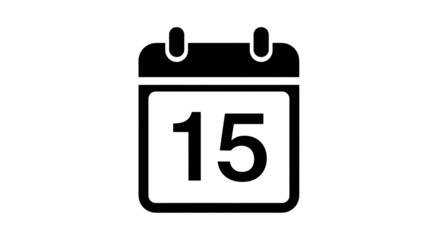 Calendar icon showing the 15th day, isolated on transparent background perfect for reminders, appointments, or scheduling designs, offering a clean and minimalist aesthetic