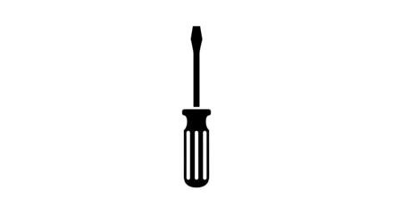 A black and white vector illustration of a screwdriver isolated on transparent background, a common hand tool used for tightening or loosening screws, often found in toolboxes