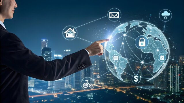 Person Interacting with Glowing Digital Globe Covered in App Icons over Night City – Symbol of Smart Cities, IoT, and Digital Economy