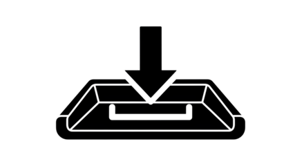 Black and white icon of an arrow pointing down into a tray, suggesting downloading, receiving, or saving, isolated on transparent background